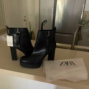SOLD Black Faux Leather Zara Chunky Heeled Boots